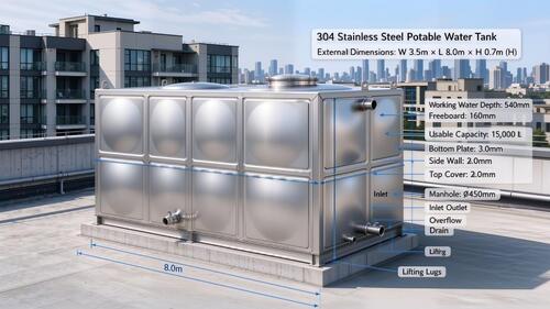 সম্পর্কে সর্বশেষ কোম্পানী কেস 15,000L 304 Stainless Steel Potable Water Tank for Commercial Apartment Rooftop Water Supply